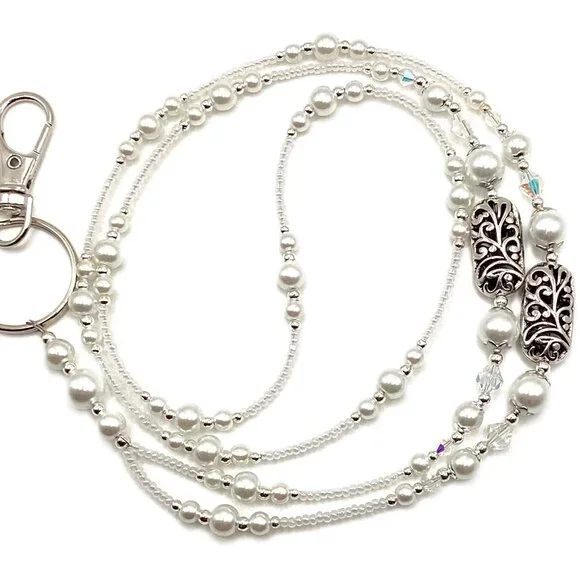 Classic White Pearl, Beaded Lanyard for, Badge, ID Holder, Keychain, Lanyard - Picture 2 of 5